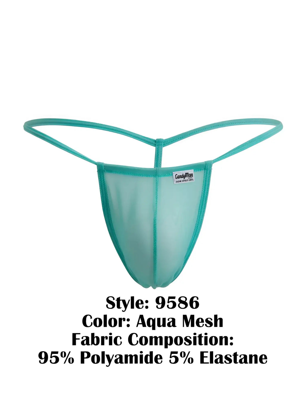 Front view of CandyMan 9586 G-String in Aqua Mesh fabric.