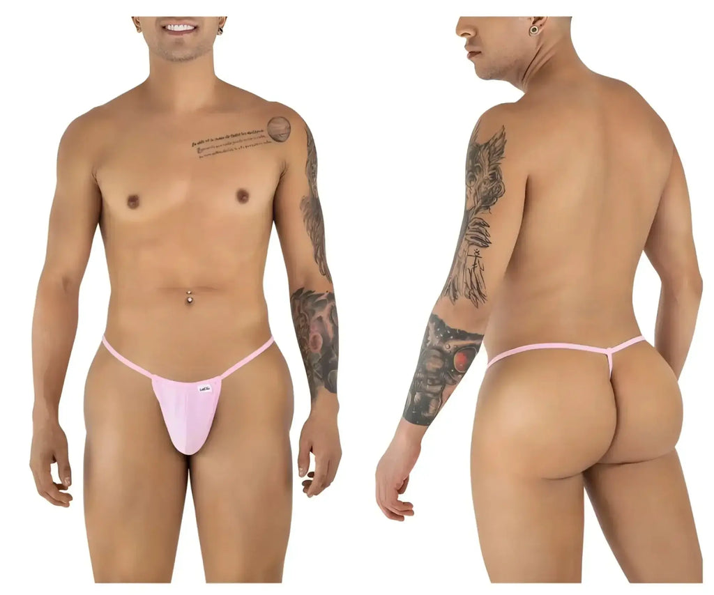 CandyMan 9586 G-String in Baby Pink: front and back views on a model.