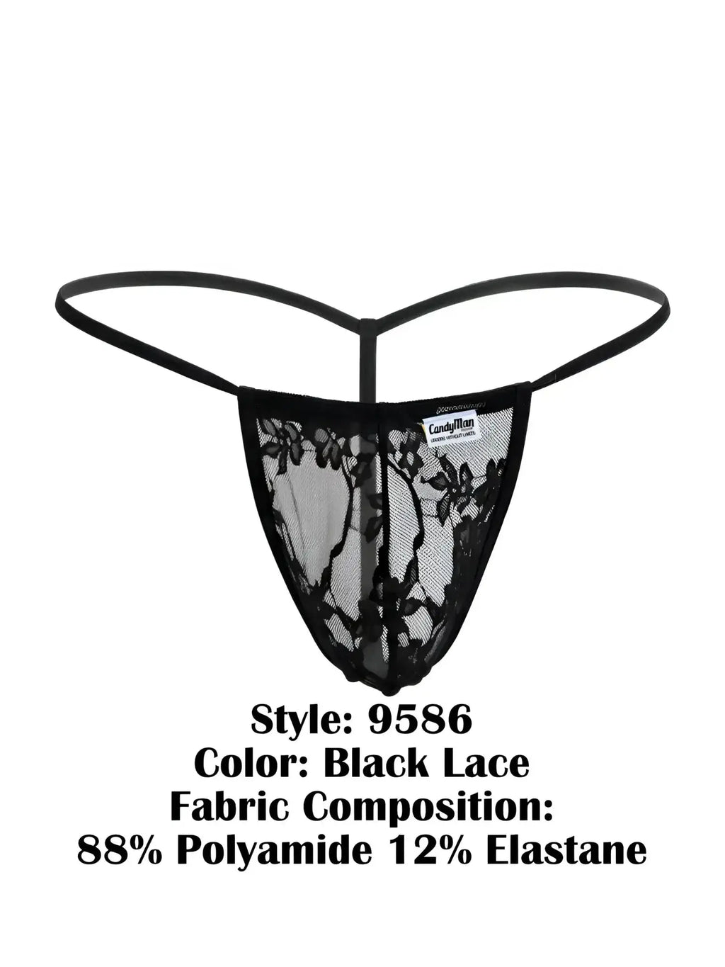 Front view of the CandyMan 9586 black lace G-string.