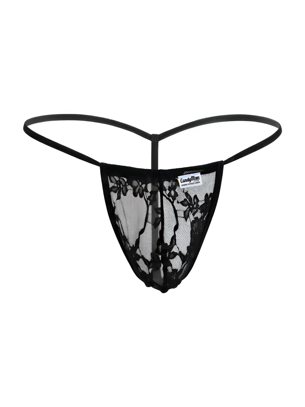 Front view of the CandyMan 9586 black lace G-string.
