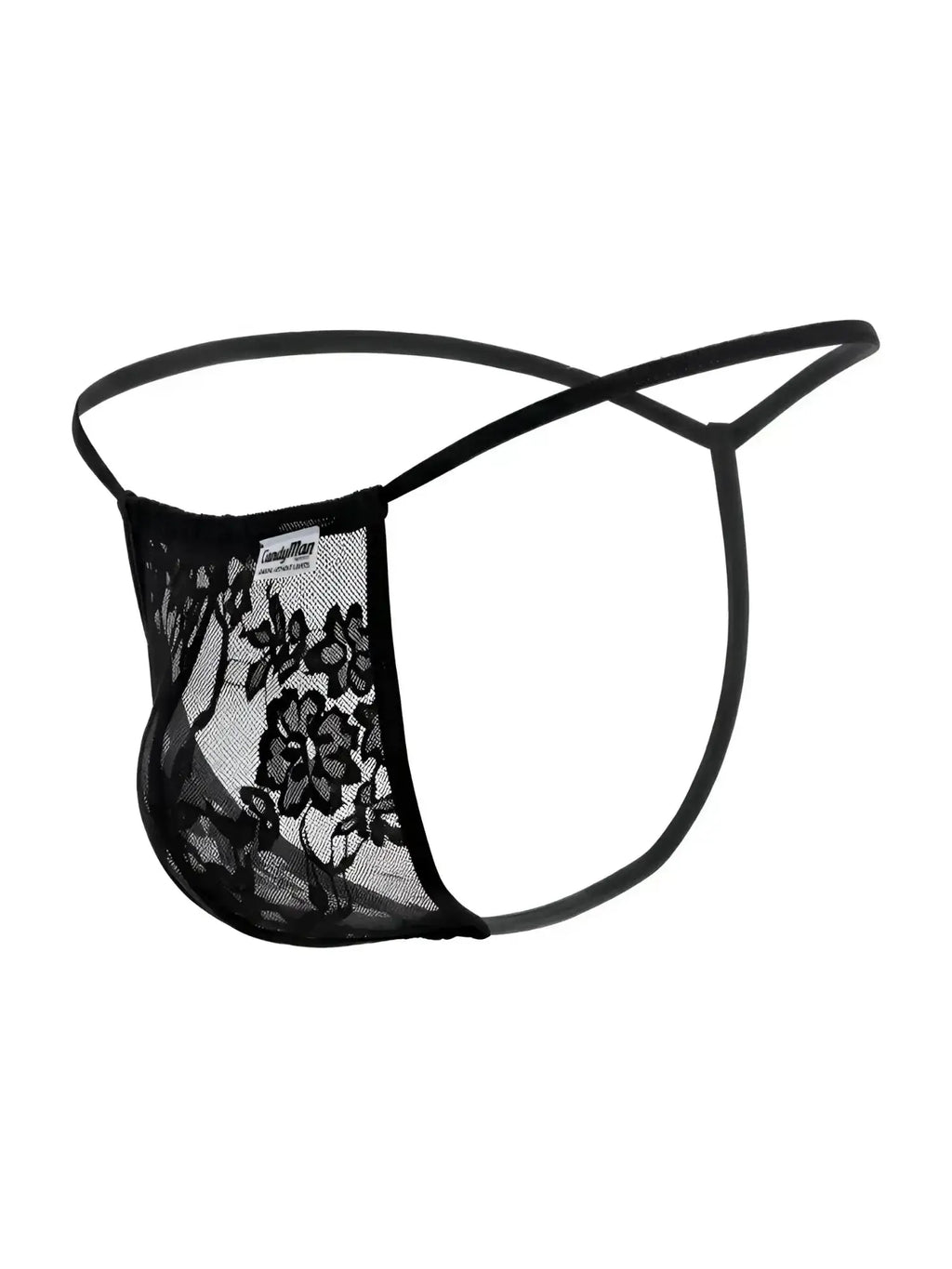 CandyMan 9586 G-String in black lace, front product view.
