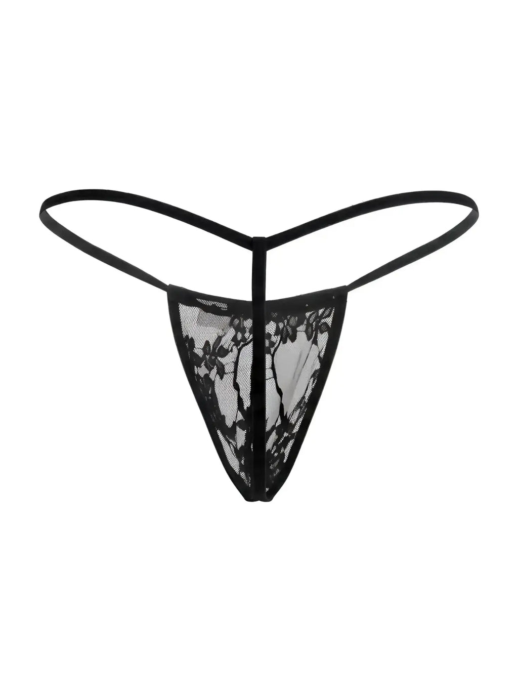 CandyMan 9586 G-String in black lace, front view of the lingerie item on a white background.