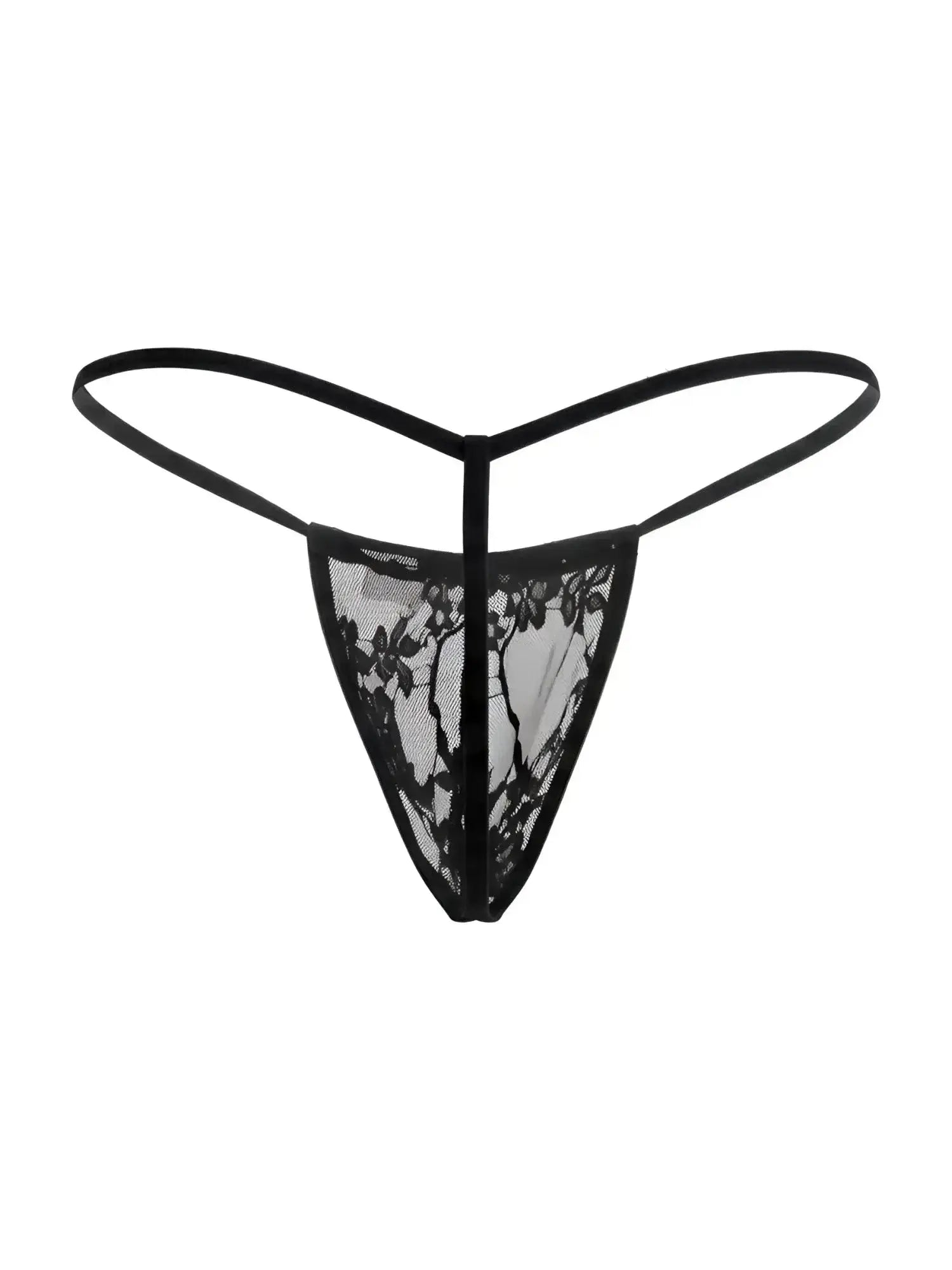 CandyMan 9586 G-String in black lace, front view of the lingerie item on a white background.