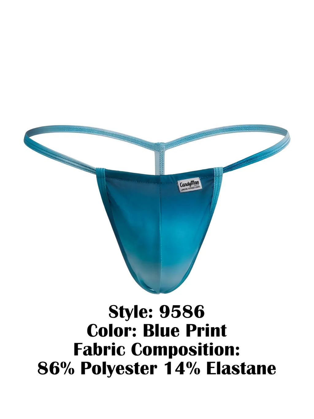 CandyMan 9586 G-String in Blue Print, front view showing the design and fabric texture.