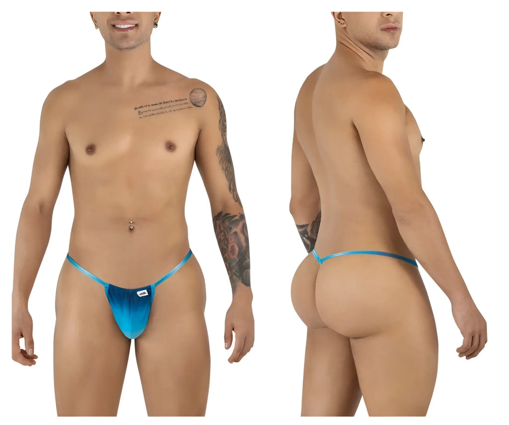 CandyMan 9586 G-String in blue print, shown in front and back views on a male model.