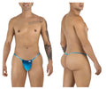CandyMan 9586 G-String in blue print, shown in front and back views on a male model.