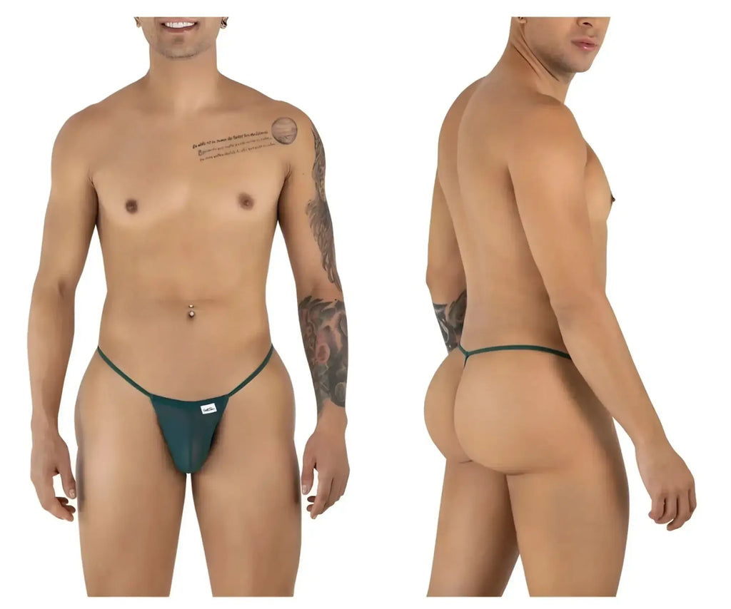 CandyMan 9586 bottle green mesh G-string, shown in front and back views on a male model.