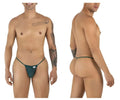 CandyMan 9586 bottle green mesh G-string, shown in front and back views on a male model.