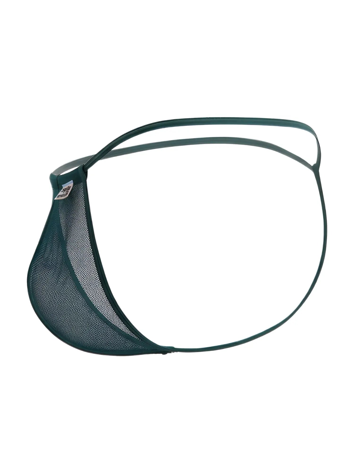CandyMan 9586 G-String in bottle green mesh, studio product view.