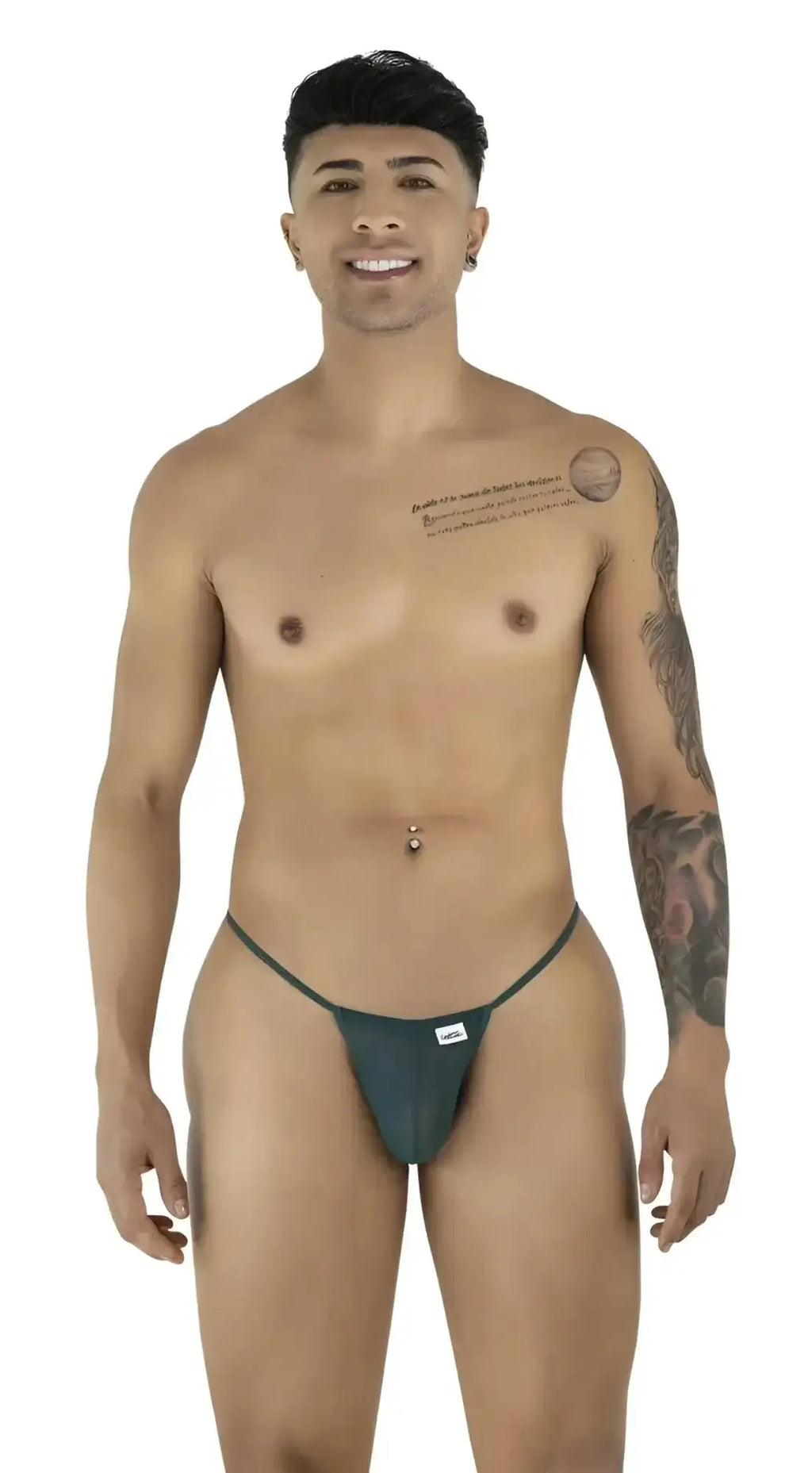 Front view of CandyMan 9586 G-string in bottle green mesh on a male model.