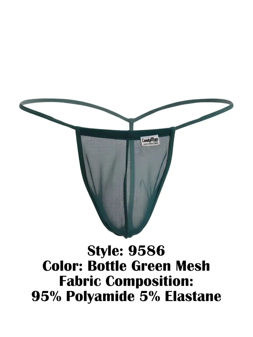 Front view of the CandyMan 9586 G-String in bottle green mesh.