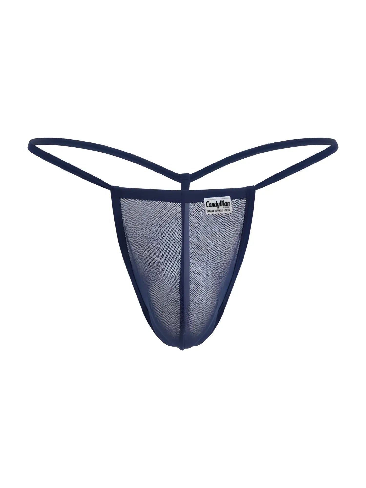 Front view of the CandyMan 9586 dark blue mesh G-string.