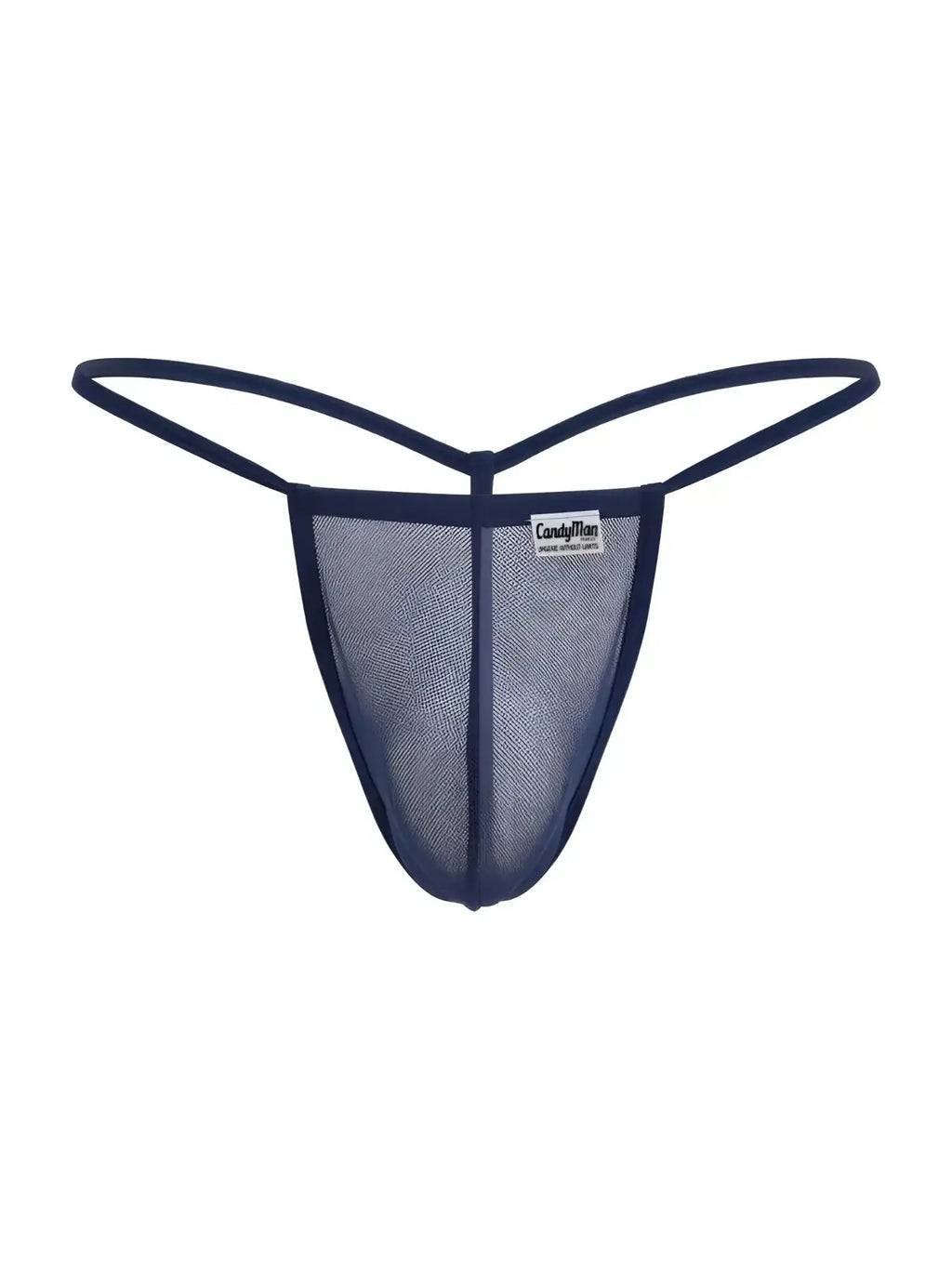 Front view of the CandyMan 9586 dark blue mesh G-string.