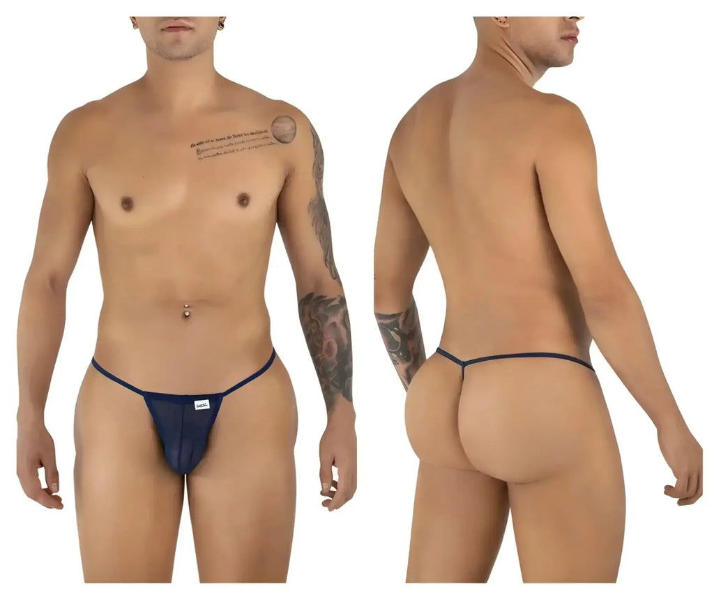 Front and back view of the CandyMan 9586 G-string in dark blue mesh.