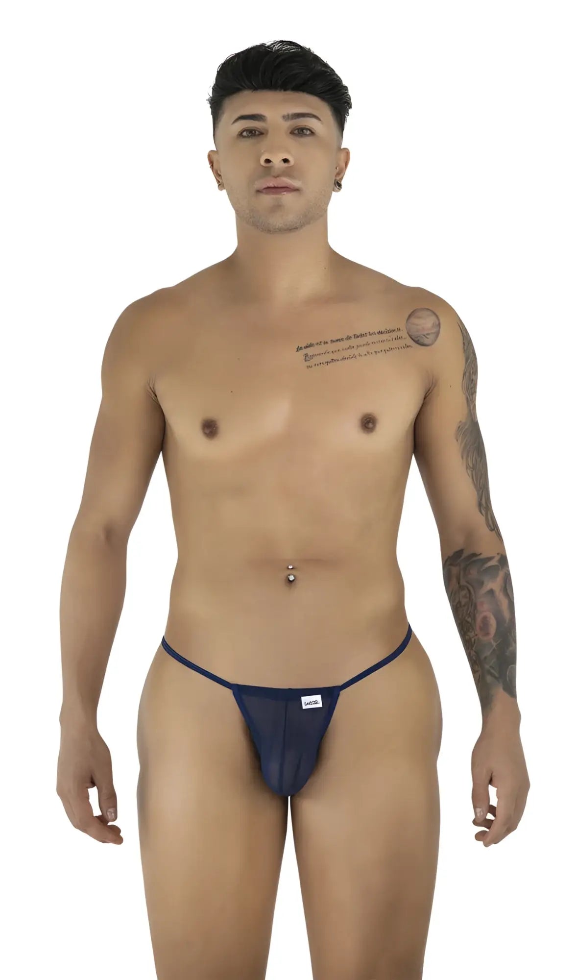 Front view of CandyMan 9586 G-String in dark blue mesh worn by a male model.