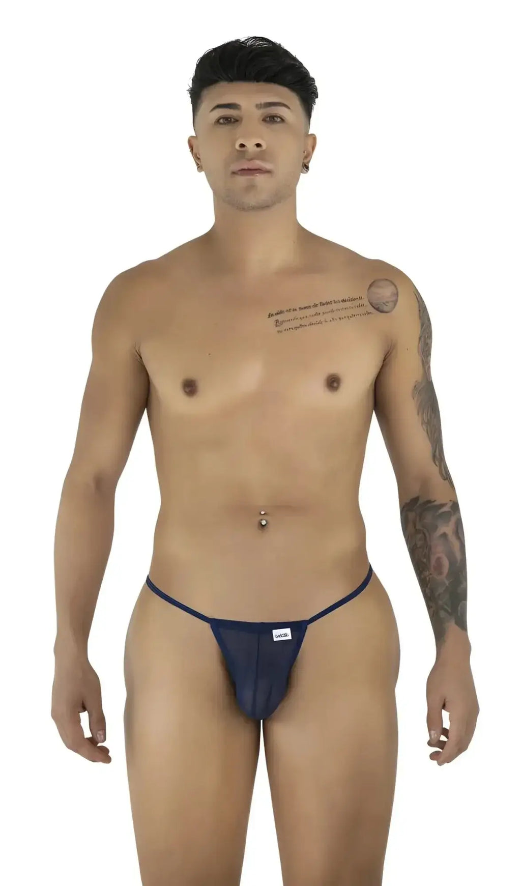 Front view of CandyMan 9586 G-String in dark blue mesh worn by a male model.