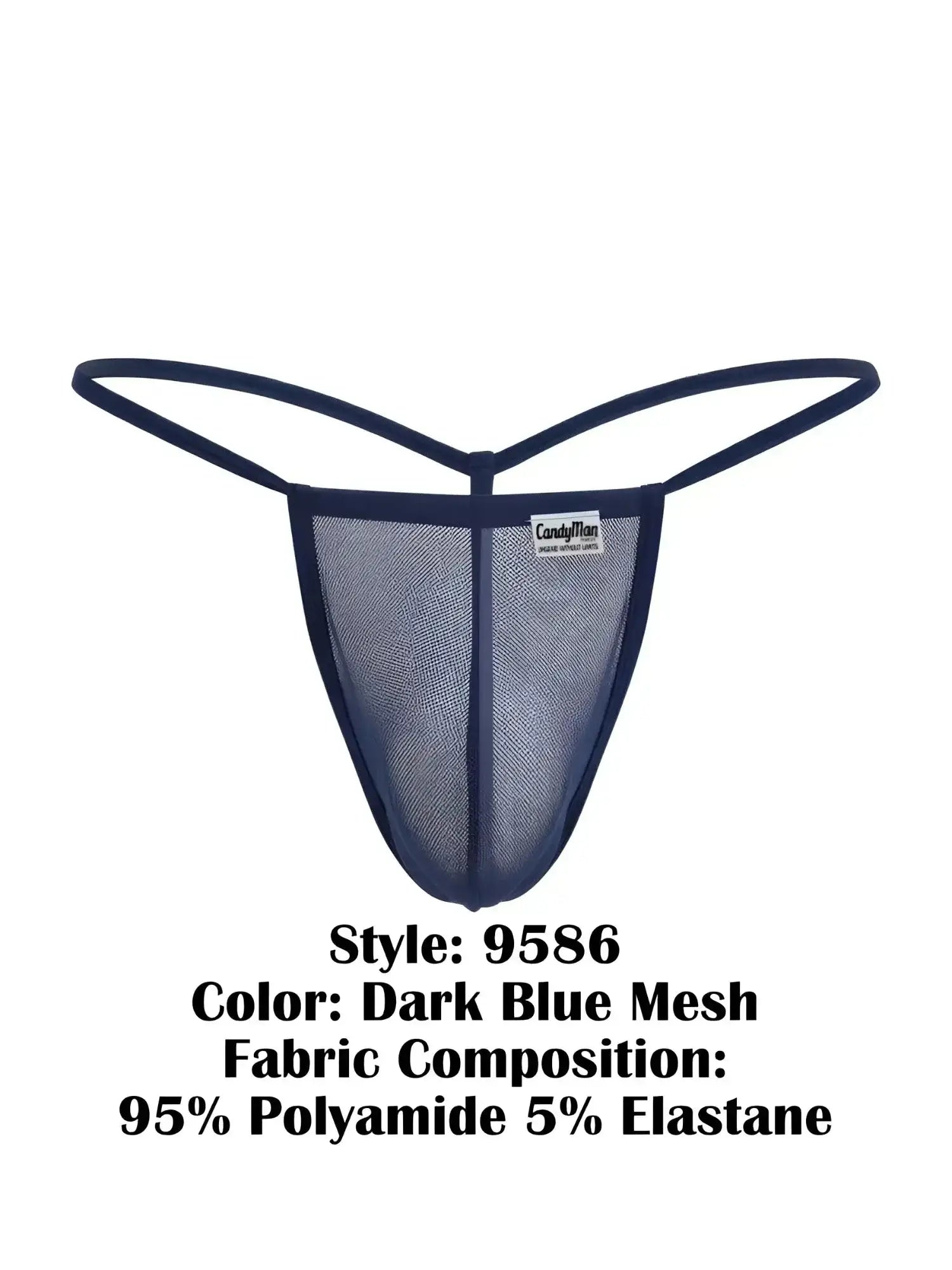 Front view of the dark blue mesh CandyMan 9586 G-string, featuring a minimalist design and soft, breathable fabric.