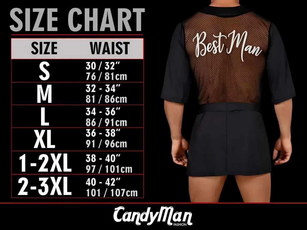 CandyMan 9586 gray mesh size chart. Back view of a person wearing a mesh top and black shorts.
