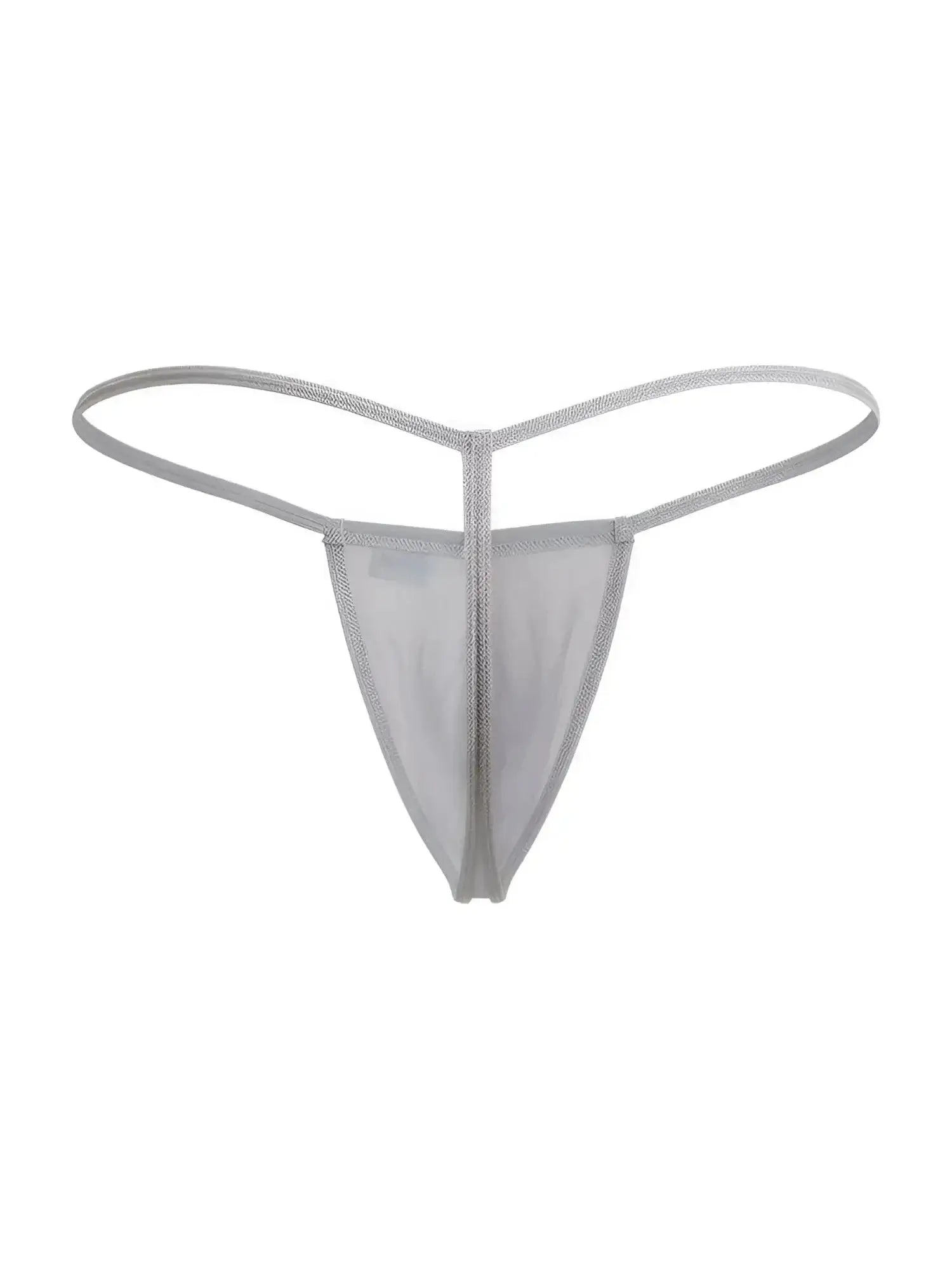 Front view of CandyMan 9586 G-string in gray mesh.