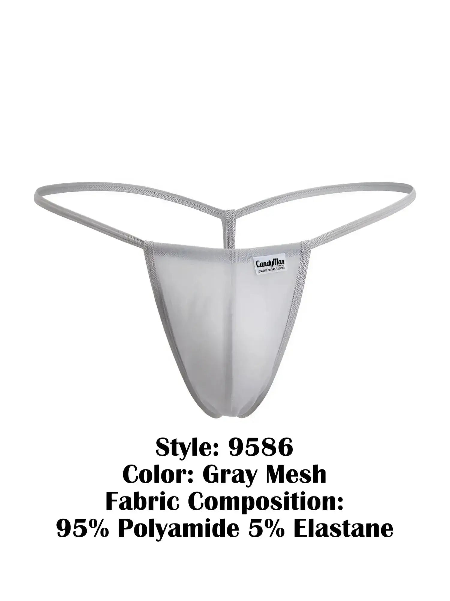 Front view of CandyMan 9586 G-string in gray mesh against a white background.