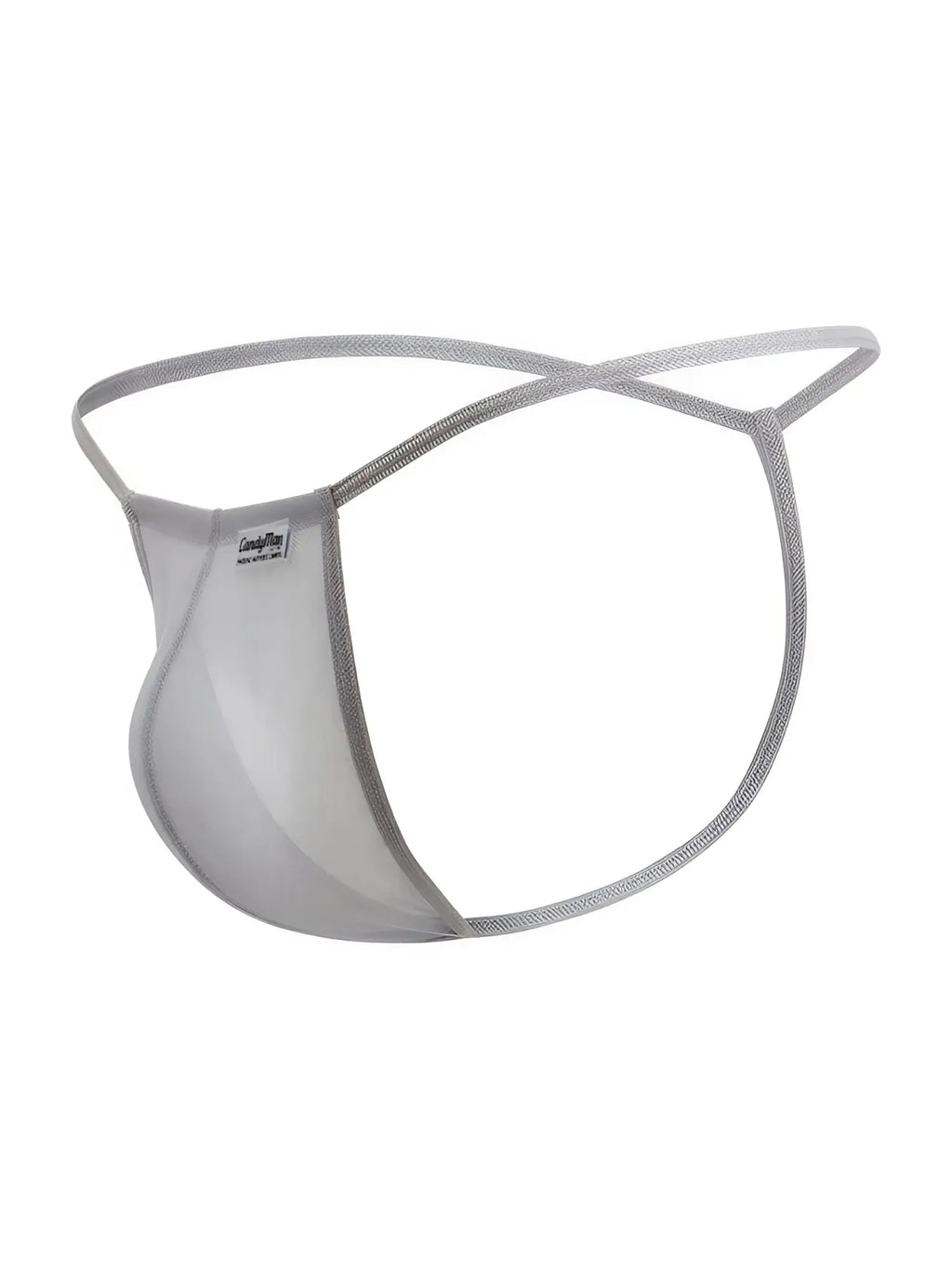 CandyMan 9586 G-String in gray mesh, front view.