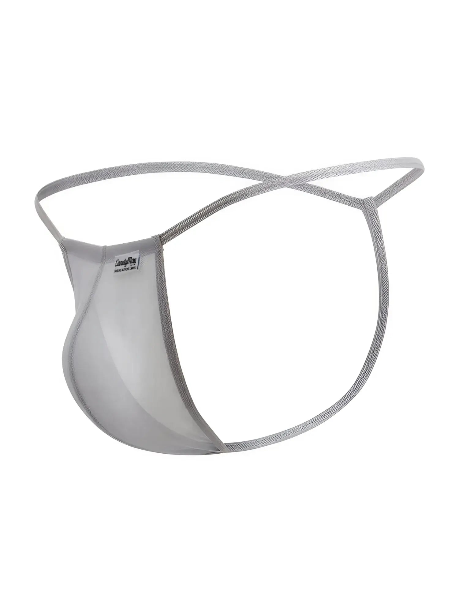 CandyMan 9586 G-String in gray mesh, front view.