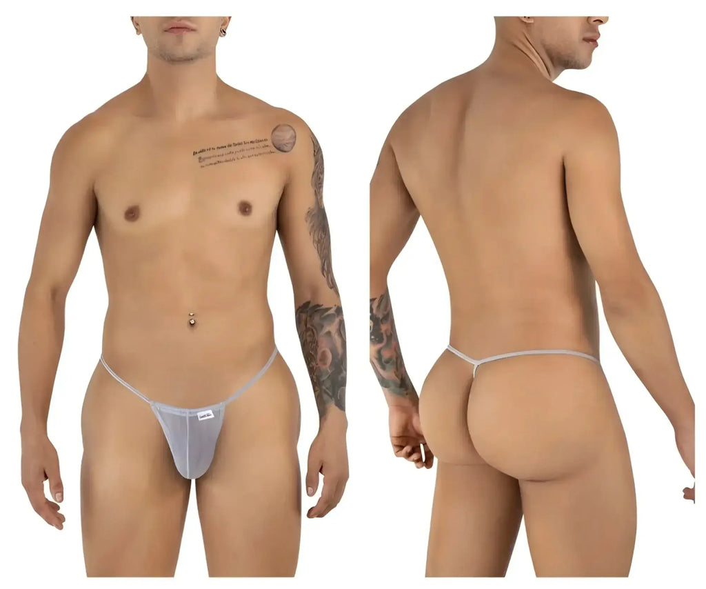 Front and back view of the CandyMan 9586 G-string in gray mesh worn by a male model.