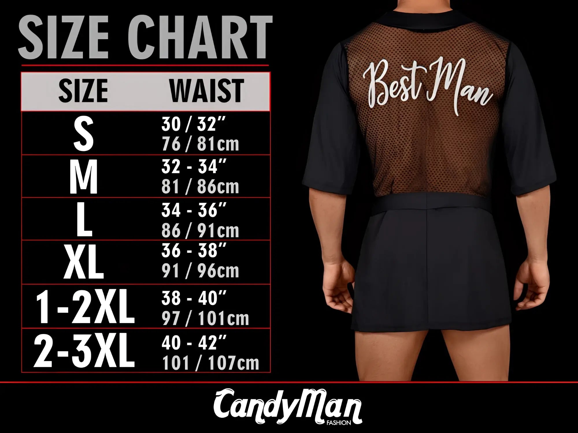 CandyMan 9586 G-String in hot green mesh: size chart infographic with a back view of the garment.