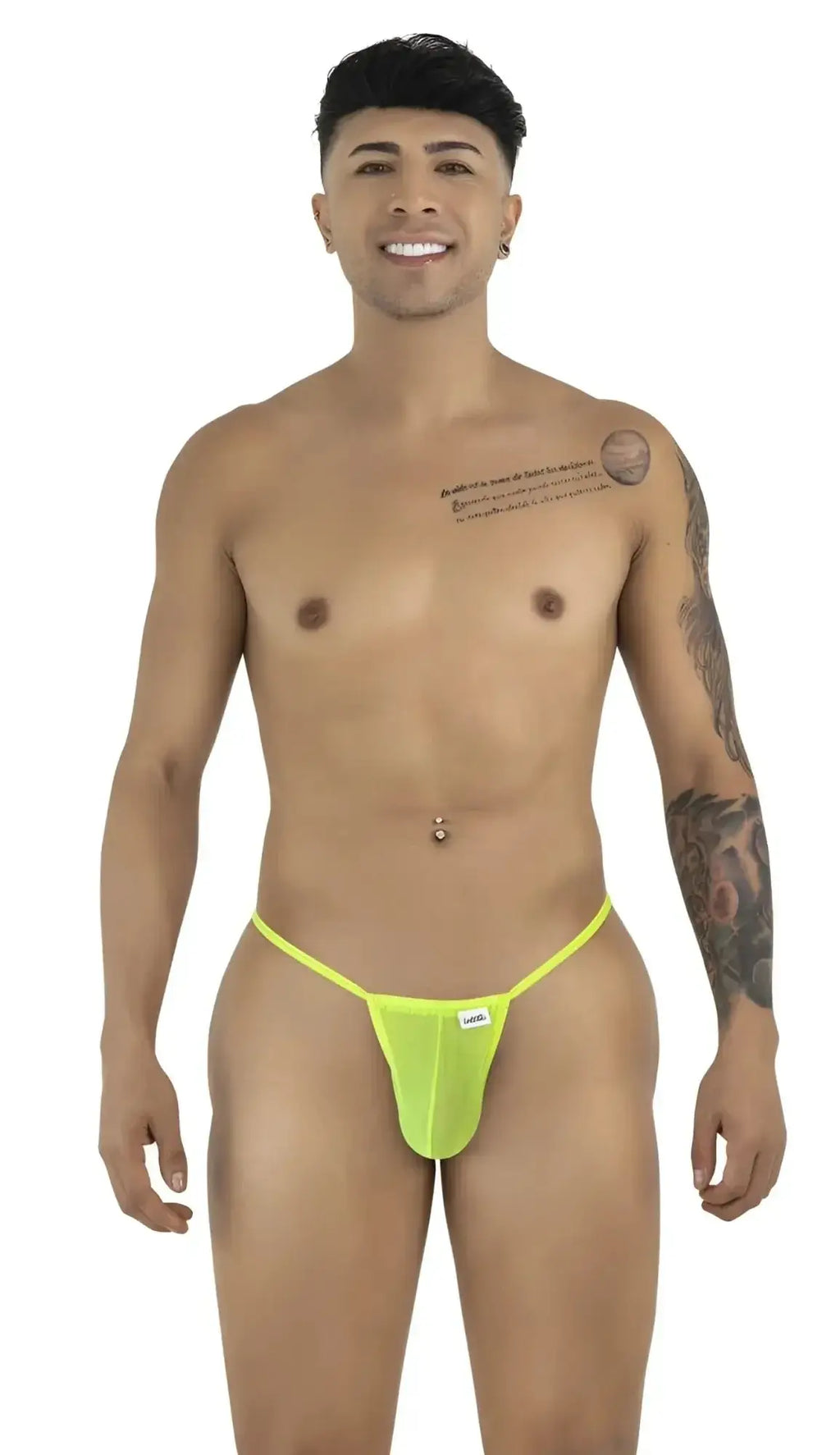 Front view of a model wearing the CandyMan 9586 hot green mesh G-string.