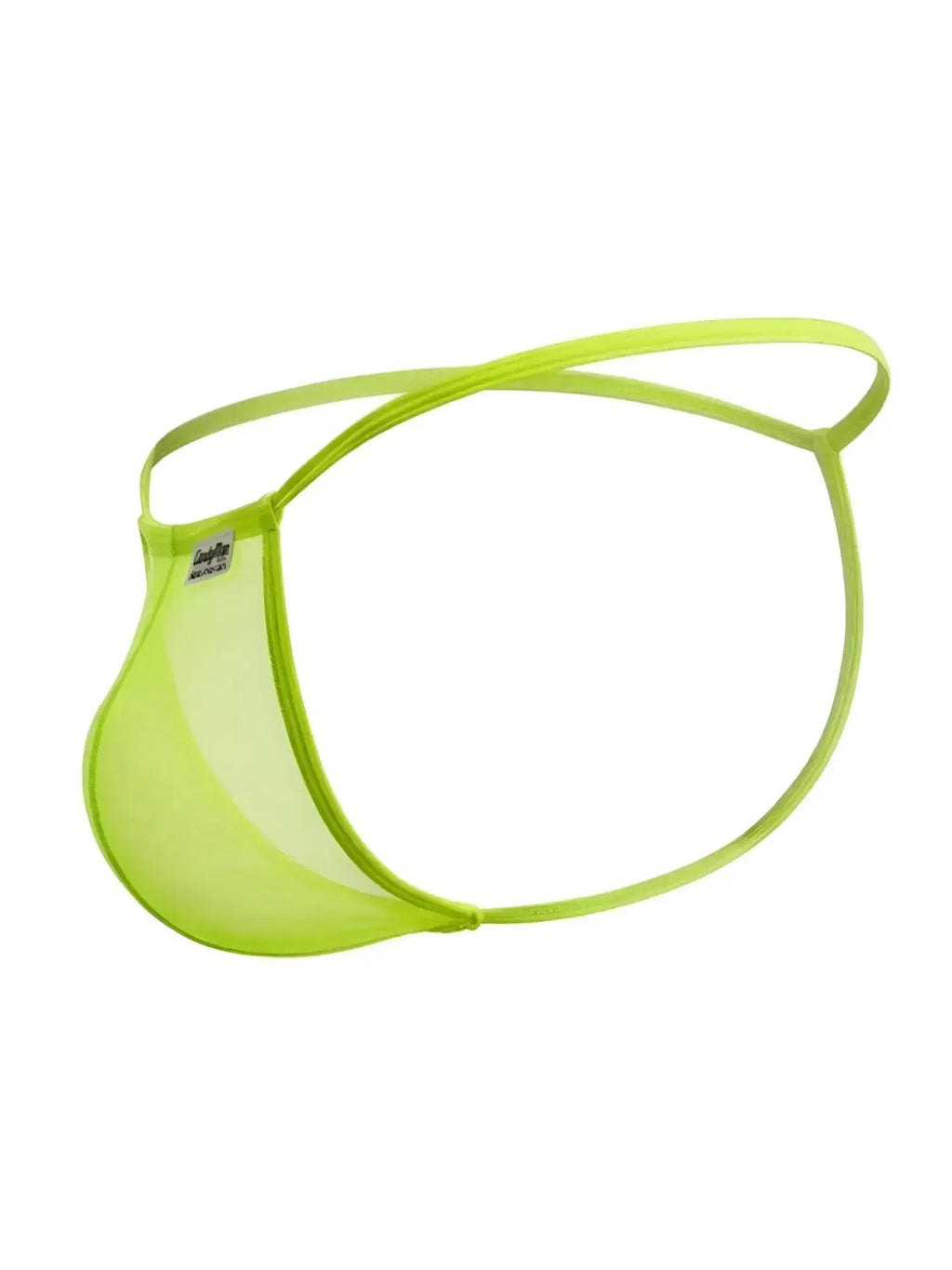 CandyMan 9586 G-String in Hot Green mesh, shown from a side angle.