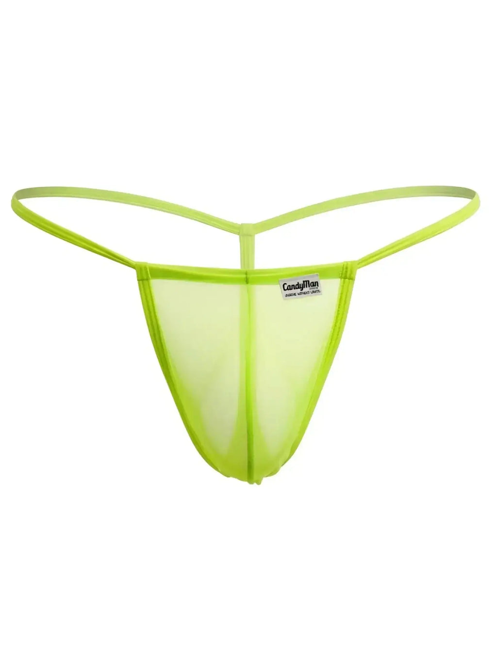 Front view of CandyMan 9586 G-String in hot green mesh fabric.