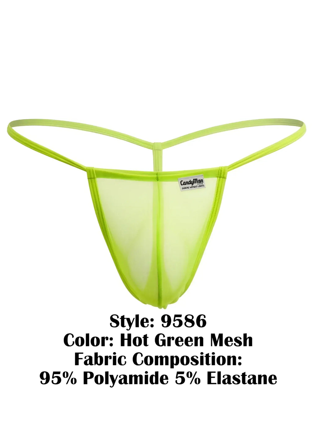 Front view of the CandyMan 9586 G-string in hot green mesh.