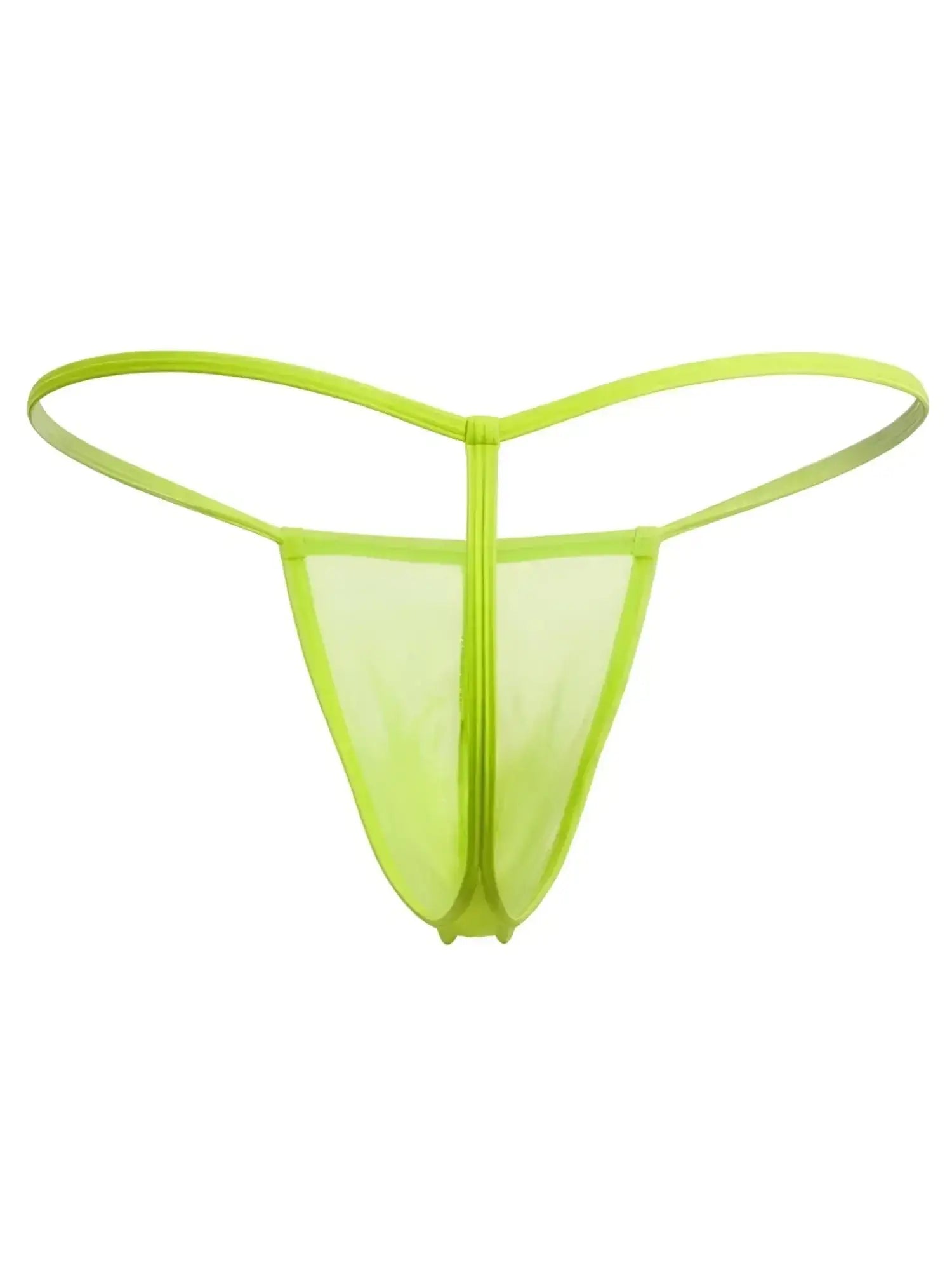 Front view of CandyMan 9586 G-string in hot green mesh.