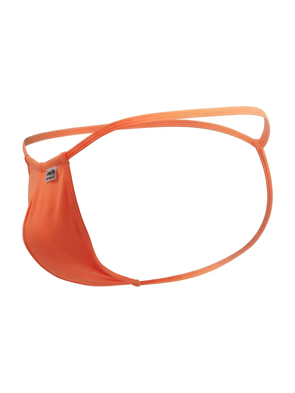 CandyMan 9586 G-string in hot orange, front view showing the minimalist design and branding tag.