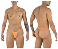 CandyMan 9586 G-string in hot orange, shown from front and back angles on a male model.