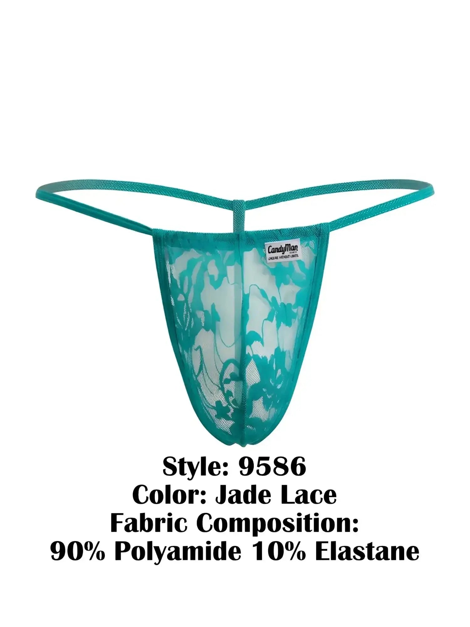 Front view of CandyMan 9586 G-string in jade lace fabric.