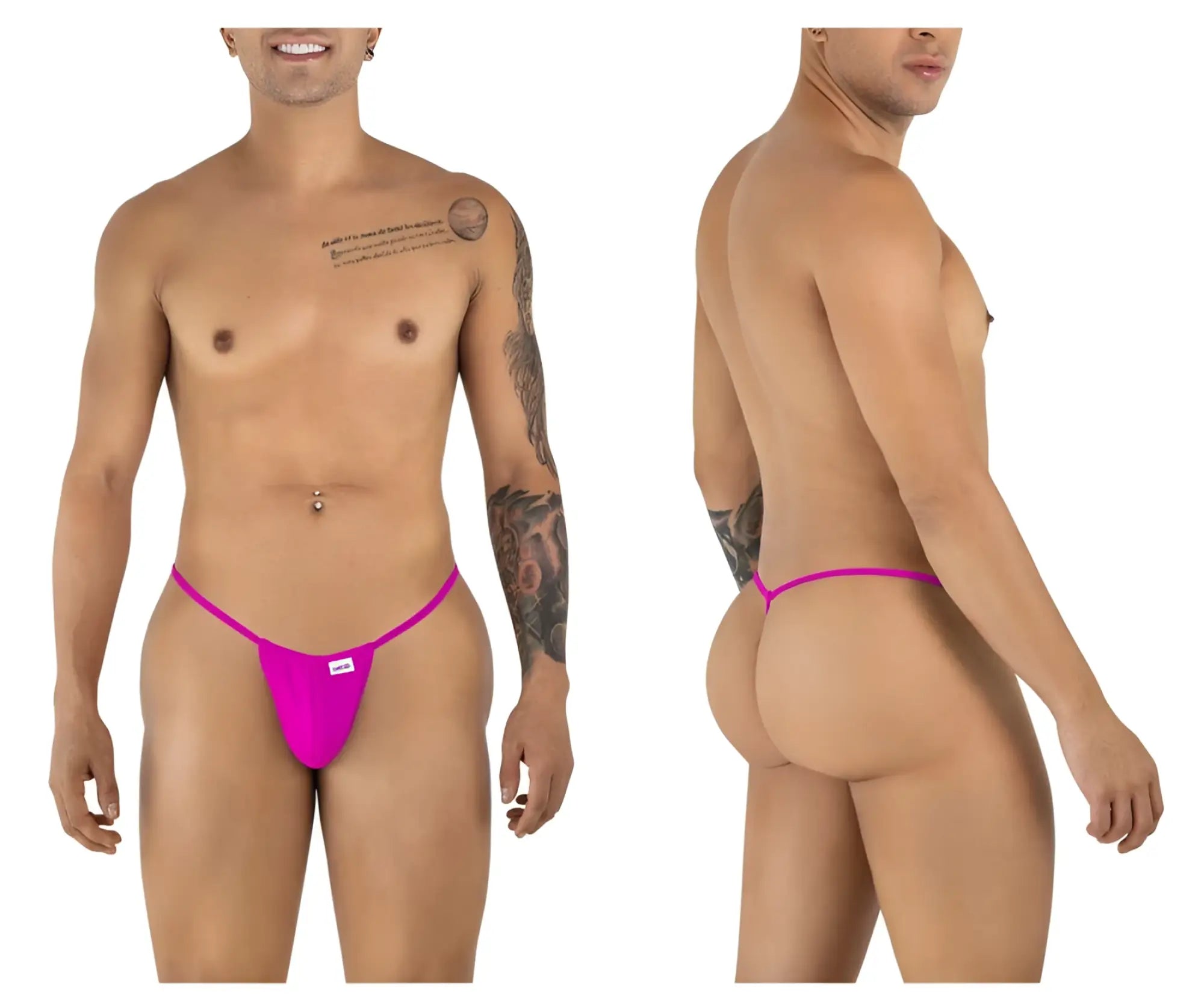 CandyMan 9586 G-String in magenta; front and back view on a model.