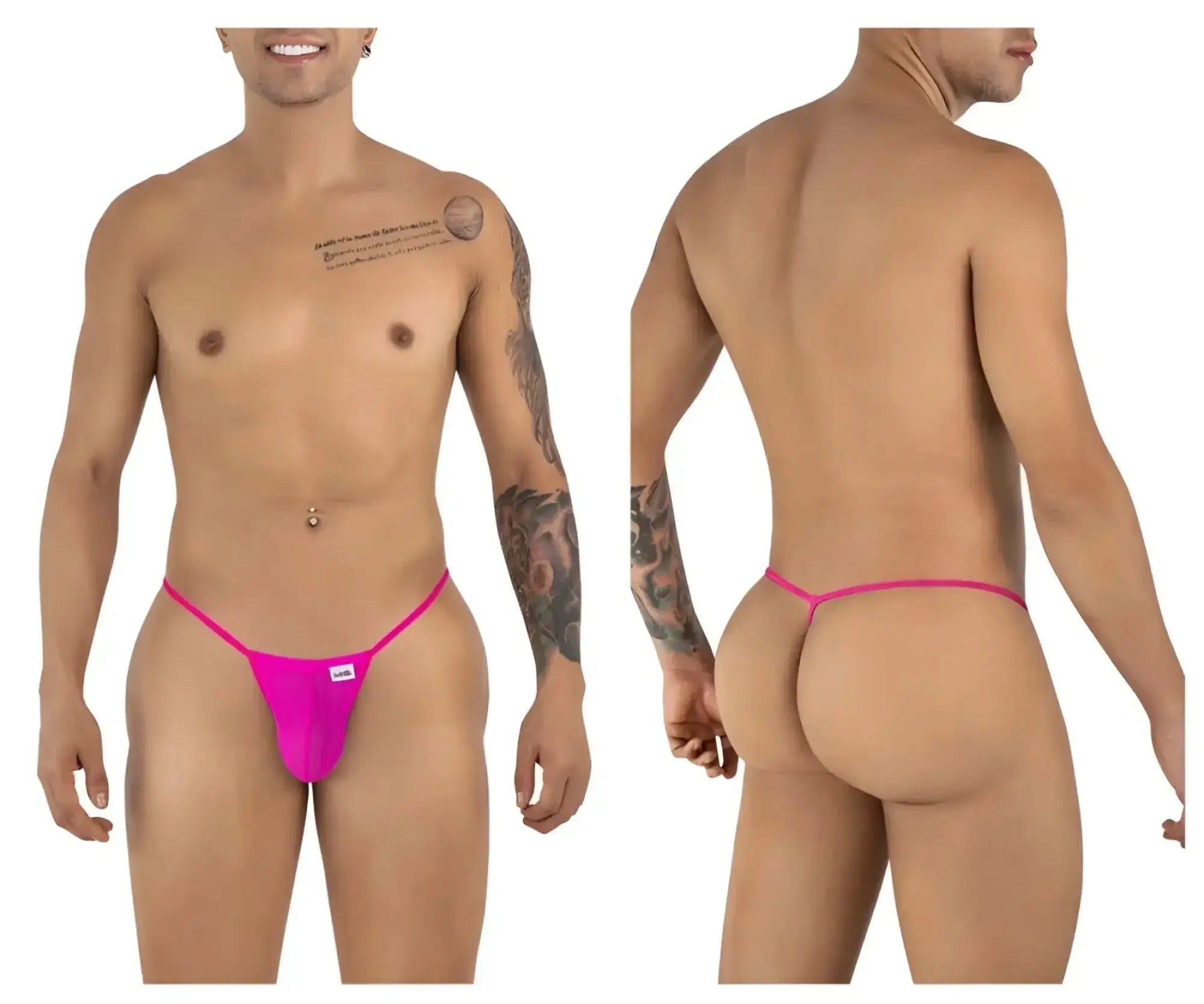 CandyMan 9586 G-String in magenta, front and back view on a model.