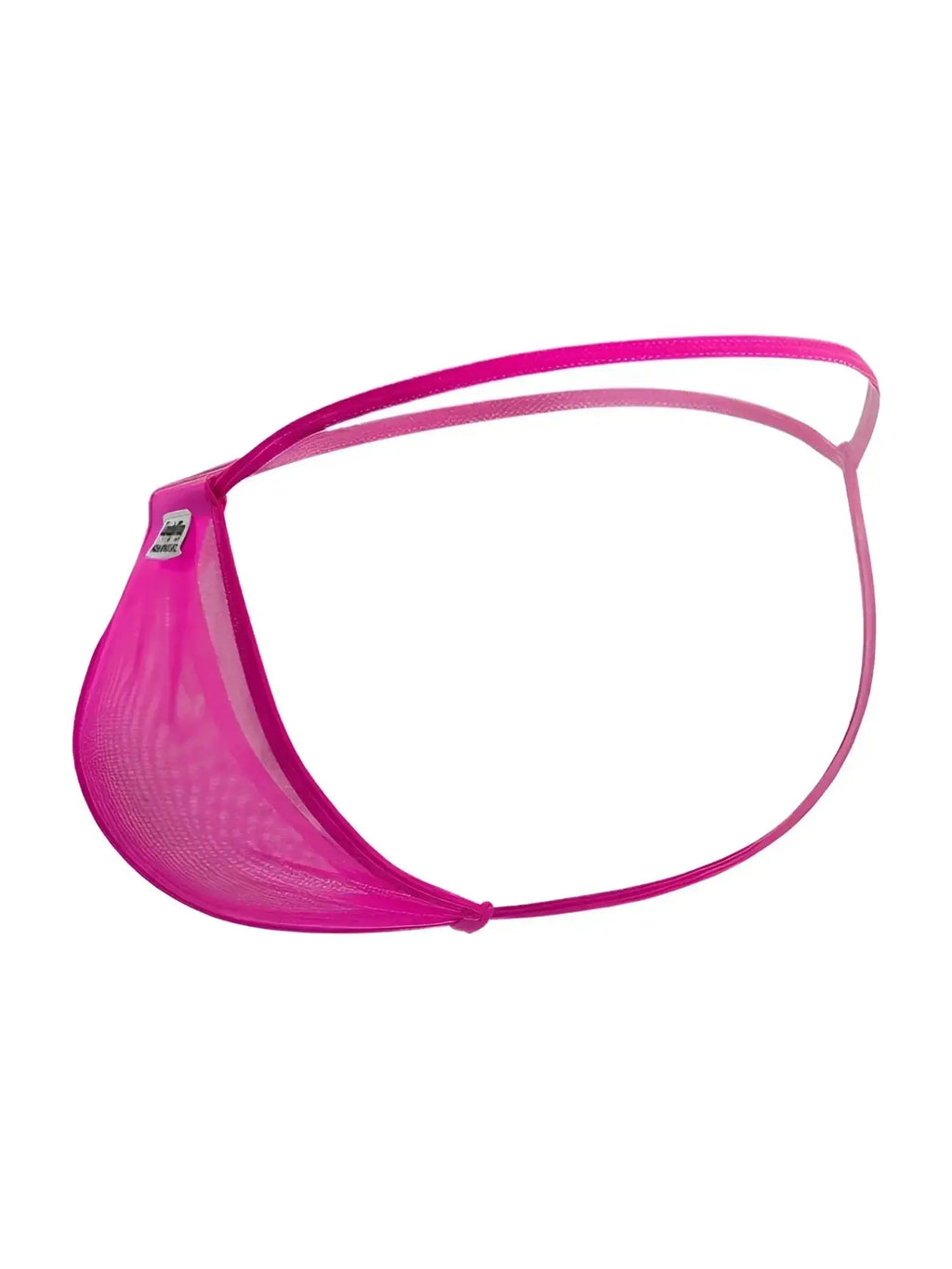 CandyMan 9586 G-String in magenta mesh, side view showing the transparent fabric and minimalist strap design.