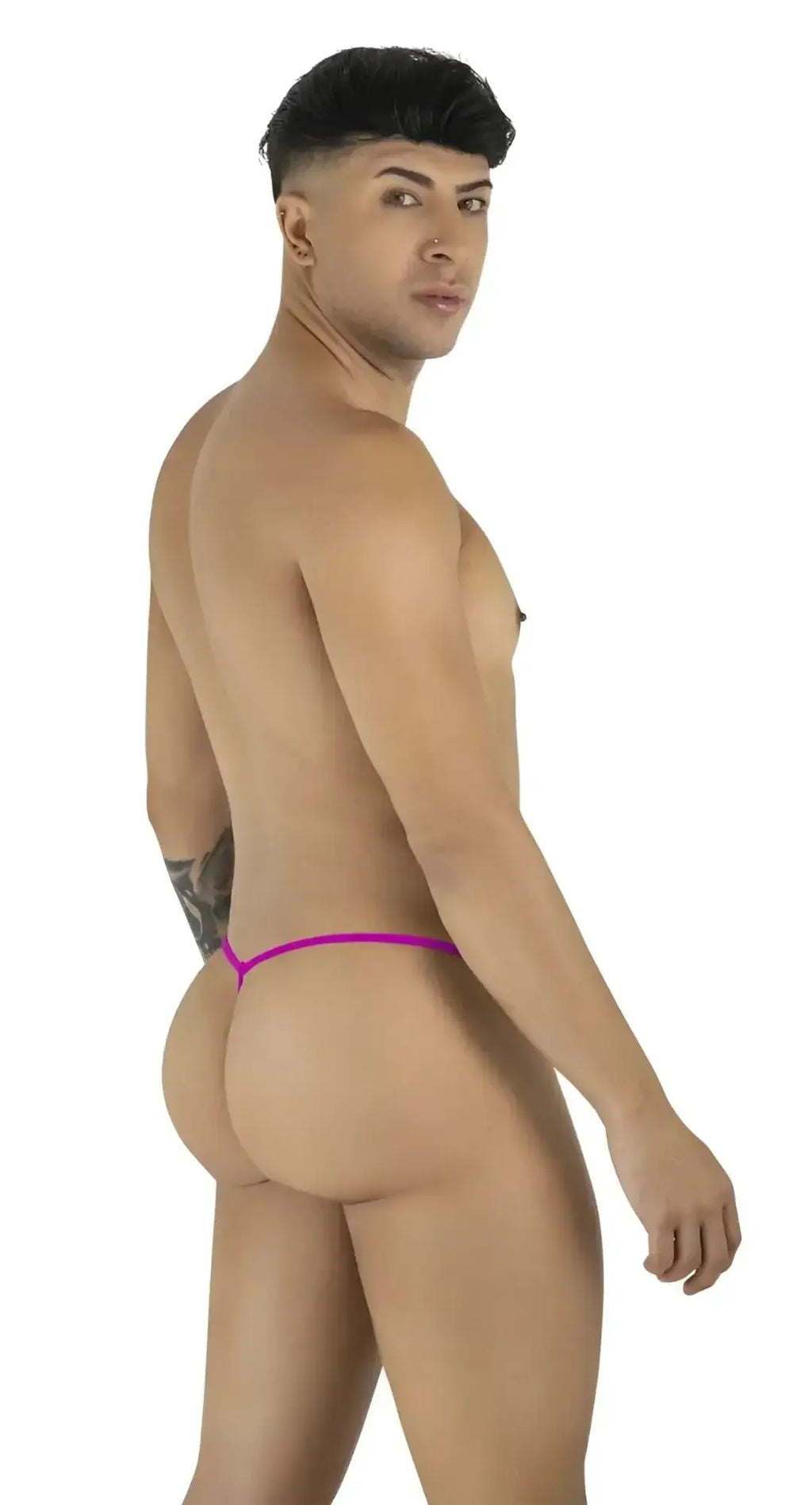 CandyMan 9586 G-string in magenta: back view of a man modeling the underwear.
