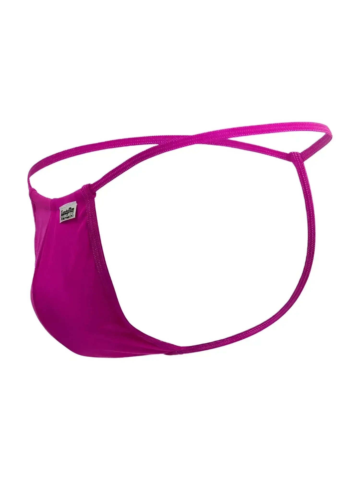 CandyMan 9586 G-String in magenta, studio side view showing the thin straps and pouch design.