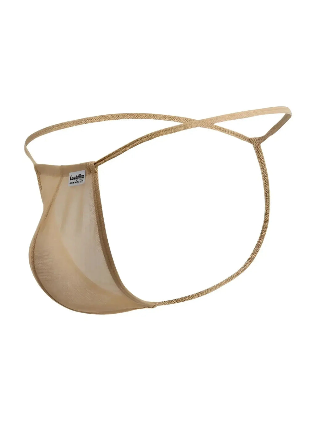 CandyMan 9586 G-String in Mocca Mesh, side view showing the transparent fabric and thin waistband.