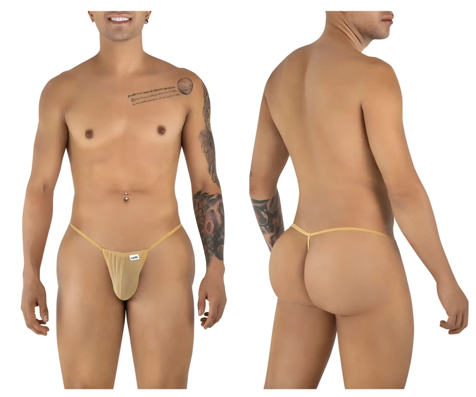 CandyMan 9586 G-String in Mocca Mesh: front and back view of the underwear on a model.