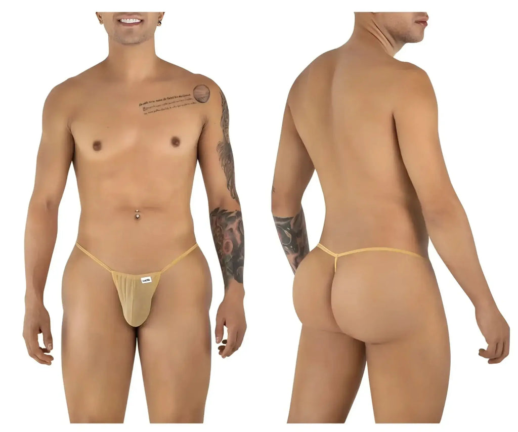 CandyMan 9586 G-String in Mocca Mesh: front and back view of the underwear on a model.