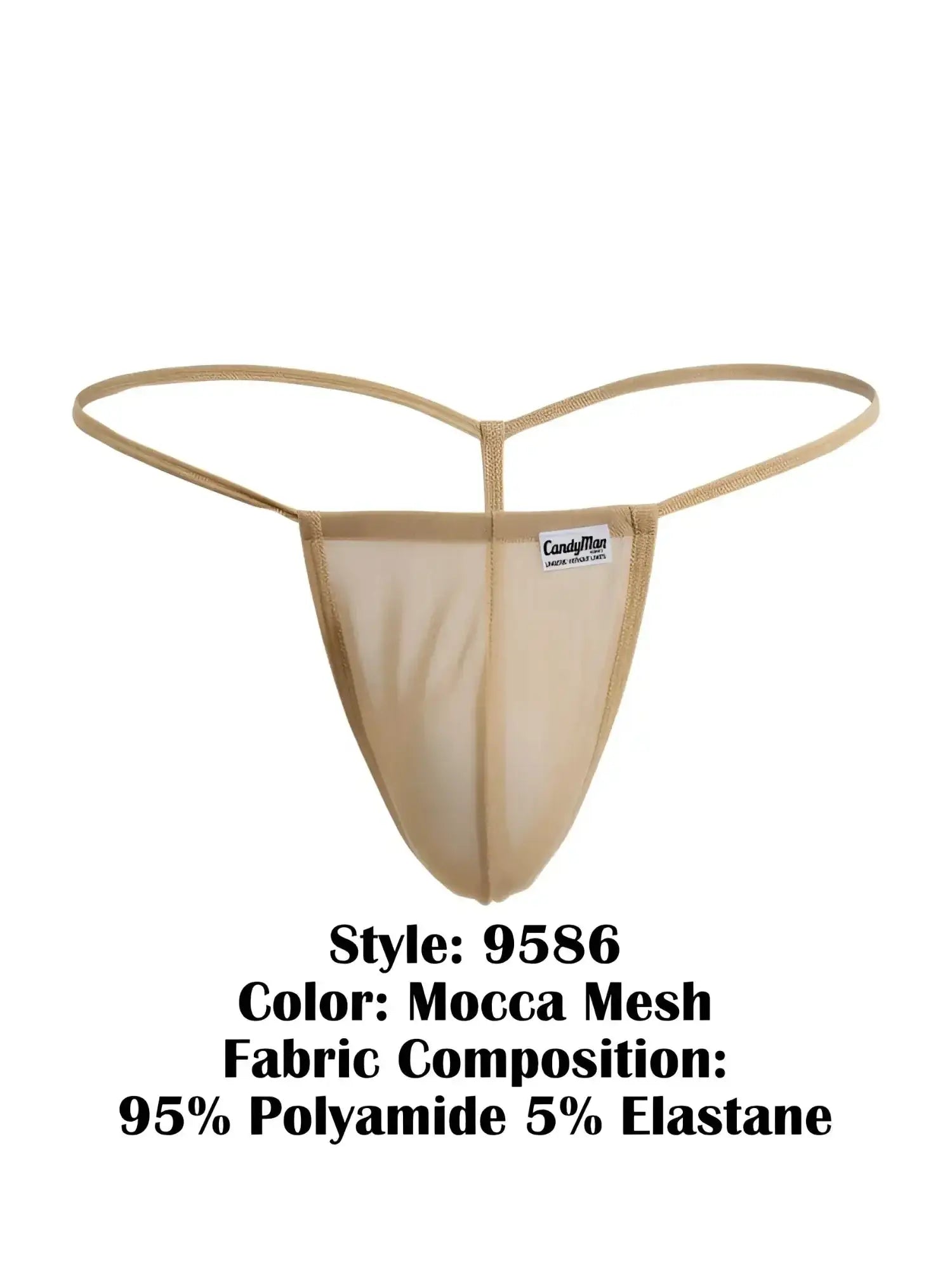 Front view of CandyMan 9586 G-string in Mocca Mesh.