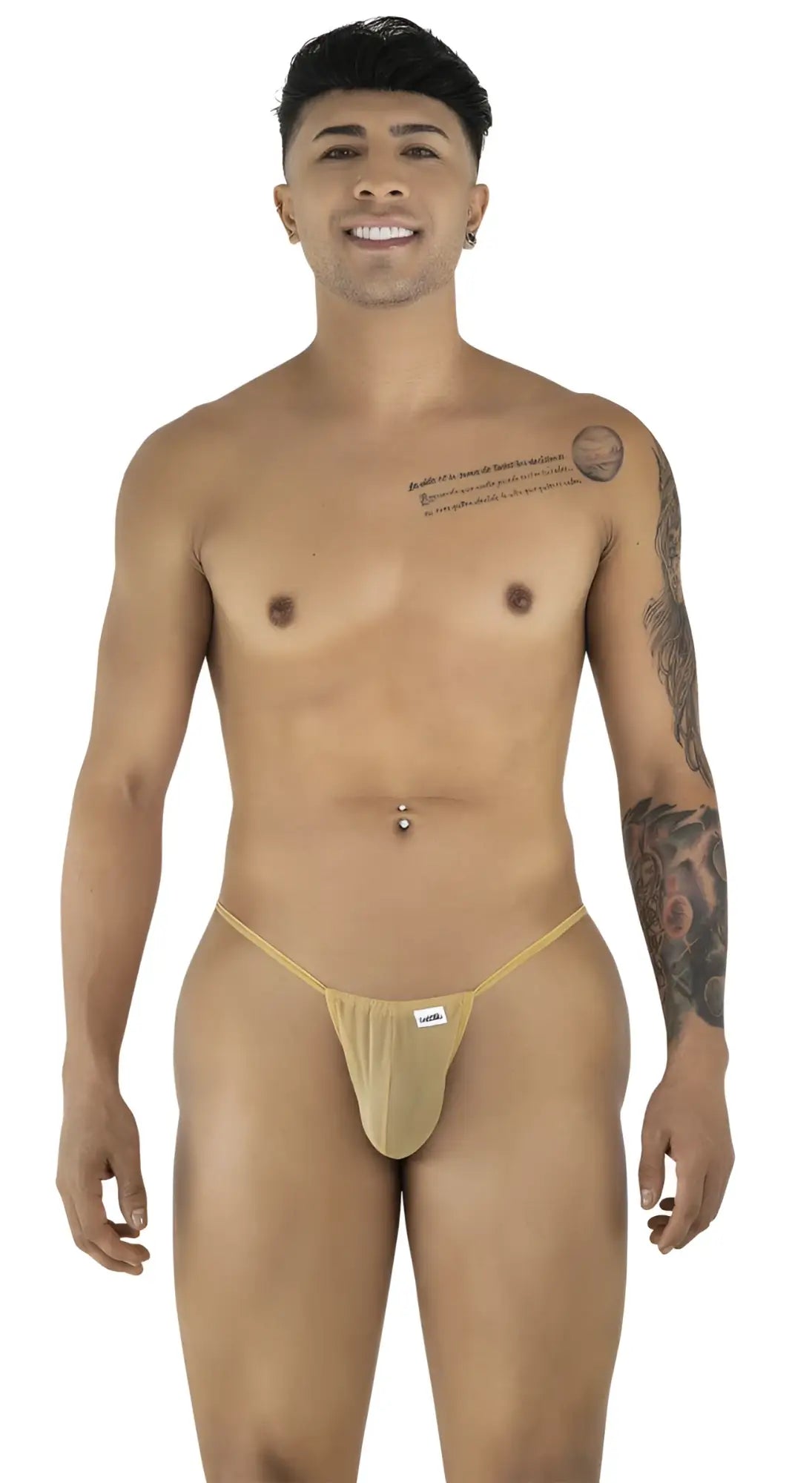 Front view of a model wearing a CandyMan 9586 G-String in Mocca Mesh.