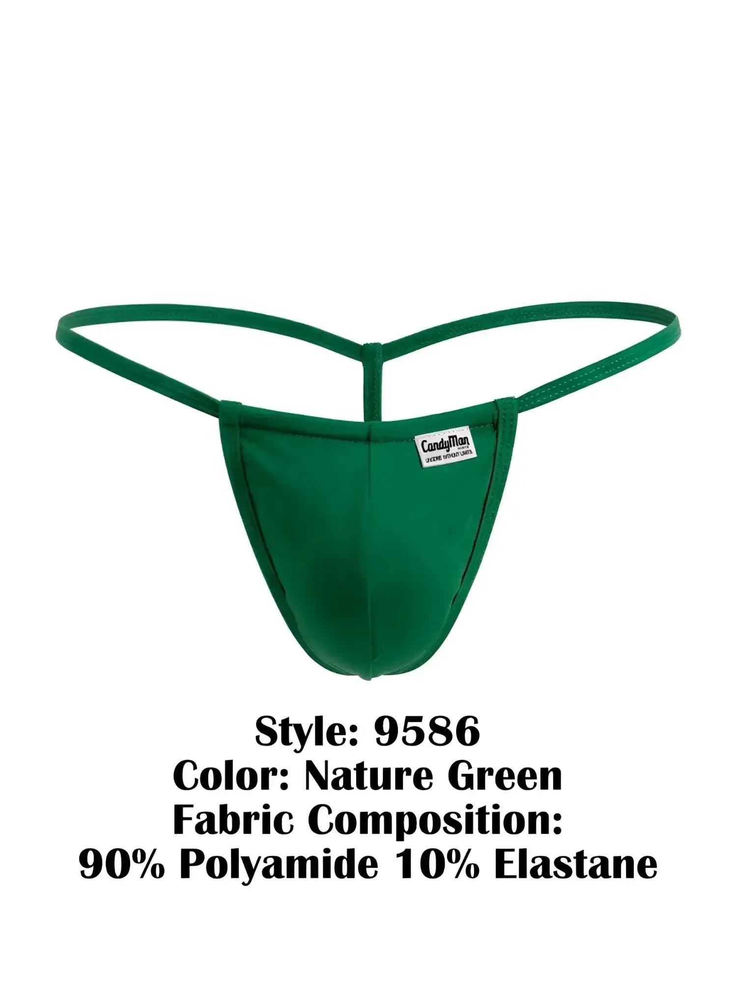 Front view of CandyMan 9586 G-string in Nature Green on a white background.