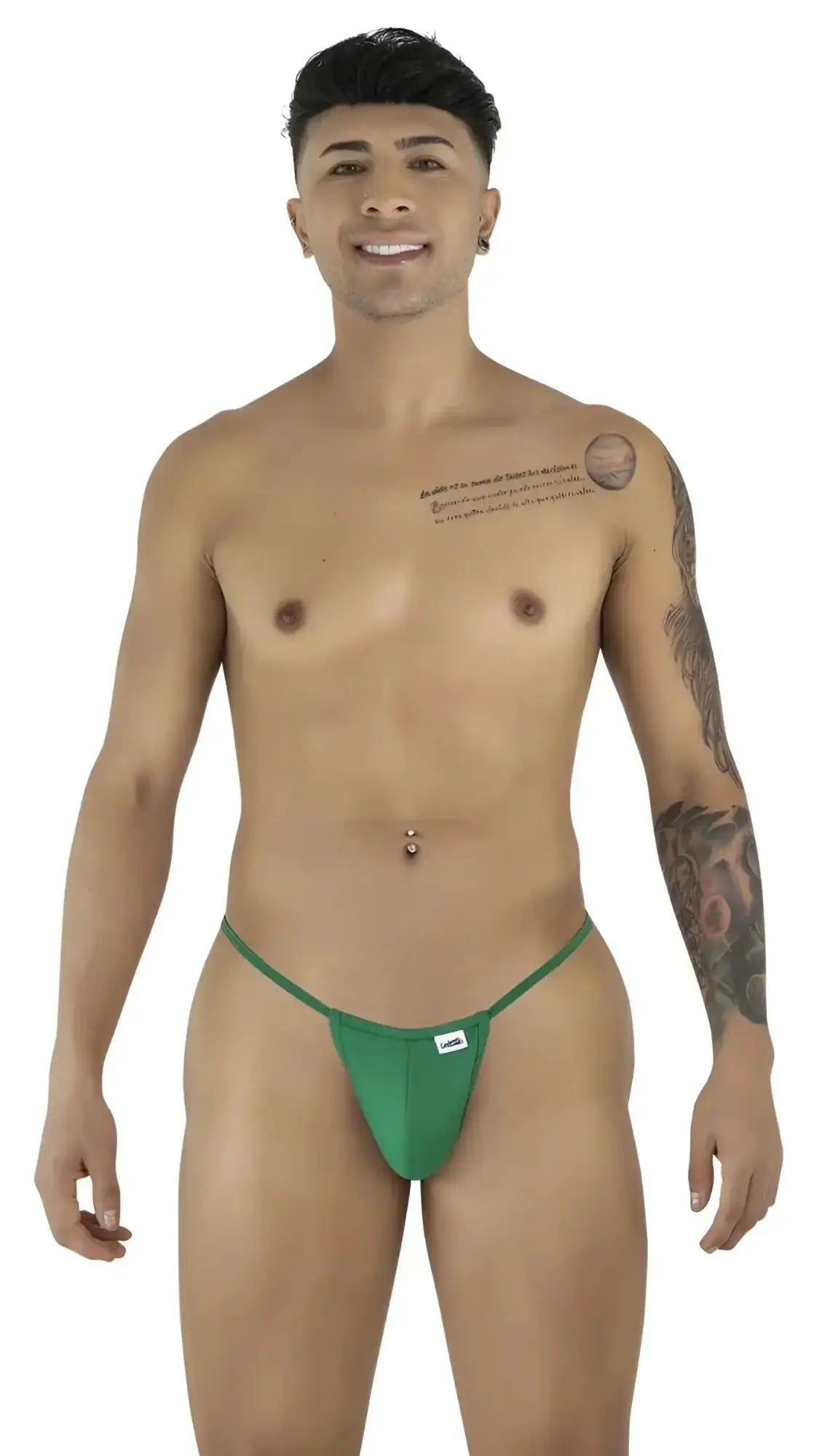Front view of the CandyMan 9586 G-String in Nature Green worn by a man.