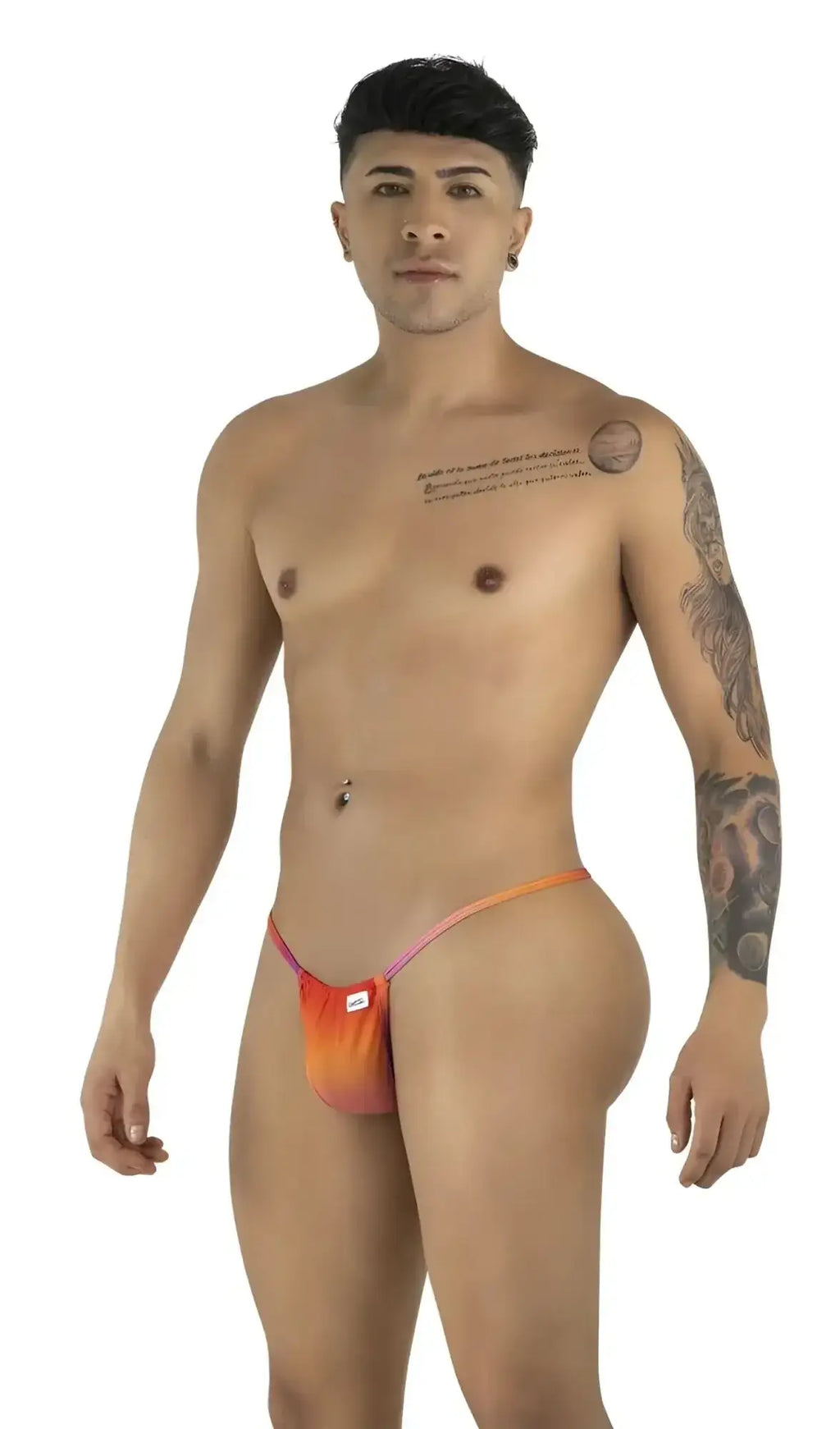 CandyMan 9586 G-String in Orange Print, shown in a front view studio product shot on a model.