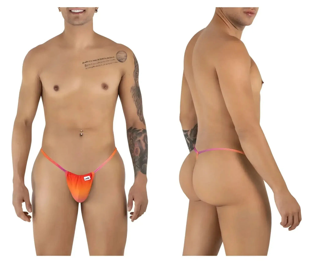 CandyMan 9586 G-String in orange print, showing front and back views on a model.